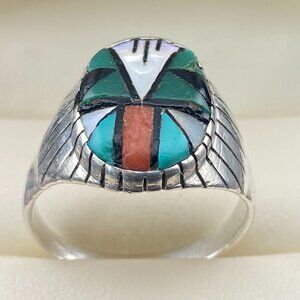 Antique Handmade Sterling Silver Southwestern Ring Inlay Mosaic Ring Sz 11